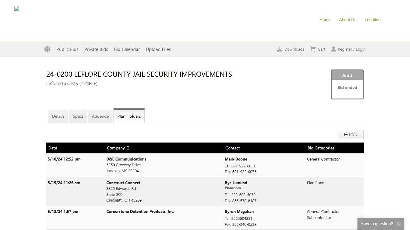 24-0200 LEFLORE COUNTY JAIL SECURITY IMPROVEMENTS :: Plan Holders :: Willis Engineering Online Planroom